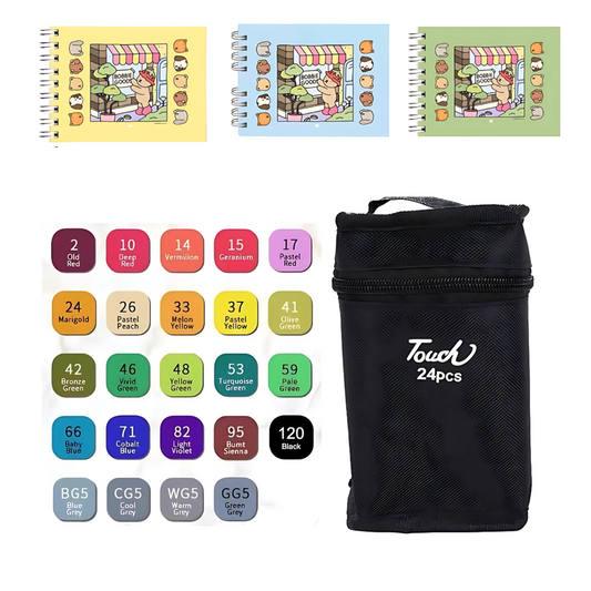 3 Livros Bobbie Goods 100 Folhas + Caneta Marcadores com Ponta Dupla 24 Cores