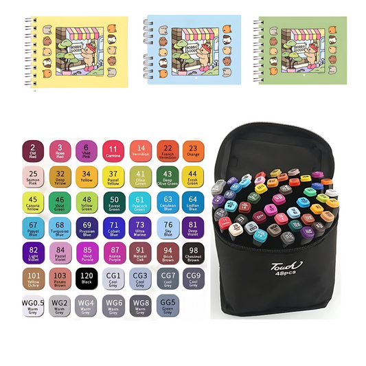 3 Livros Bobbie Goods 100 Folhas + Caneta Marcadores com Ponta Dupla 48 Cores