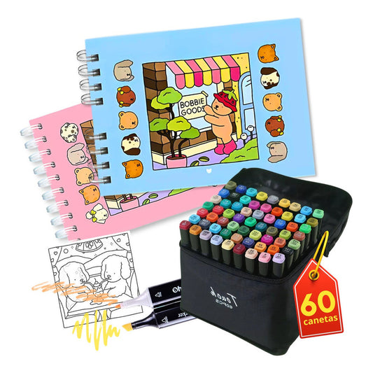 2 Livros Bobbie Goods 100 Folhas + Caneta Marcadores com Ponta Dupla 60 Cores
